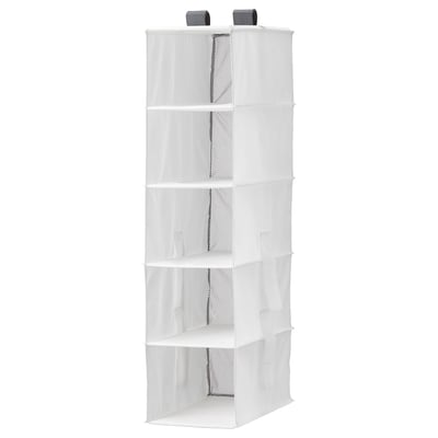 A white IKEA RASSLA hanging storage organiser with five mesh compartments for efficient closet organisation.