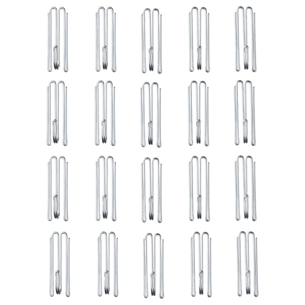 Grid of 25 silver RIKTIG curtain hooks, uniformly arranged, made of steel, small and cylindrical.