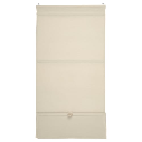 Beige RINGBLOMMA roman blind with linen look, cordless, beige fabric, rectangular shape, raised by magnets.