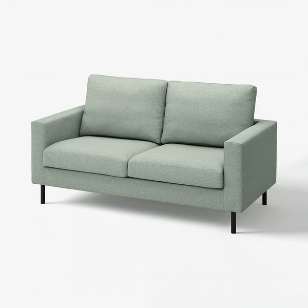 Modern mint green loveseat with sleek legs, plush cushions, and minimalist design.