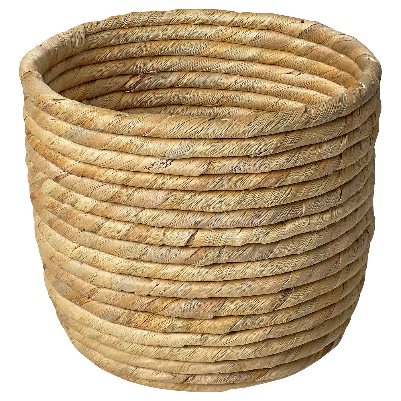 A SANDÖDLA plant pot, round and woven from natural sedge and water hyacinth. The pots rustic texture adds warmth, making it ideal for indoor plants.