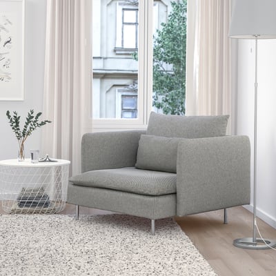 SÖDERHAMN chair, grey, cosy with textured fabric, compact for small spaces, wooden legs, near large window, soft cushions.