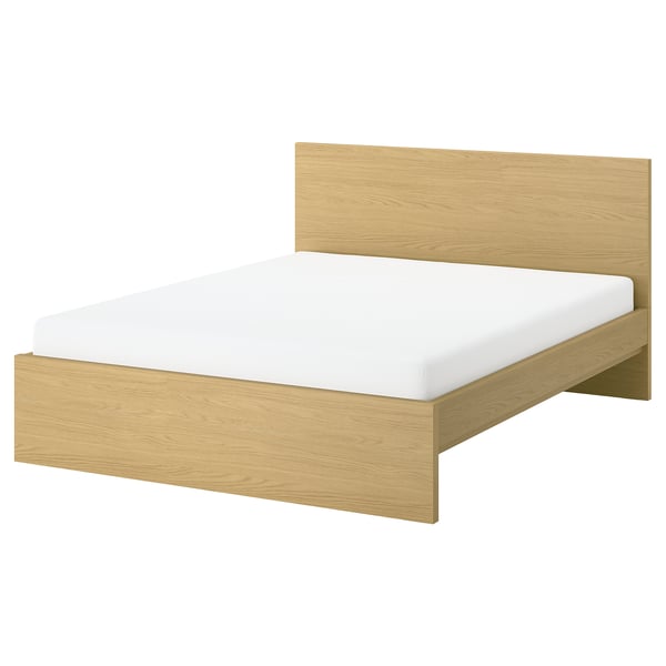STORKLINTA bed, light wood, rectangular, modern design, simple lines, padded headboard, slatted base.