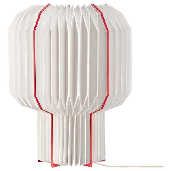 STRÅLA table lamp, white with red accents, pleated, modern design, synthetic paper shade.