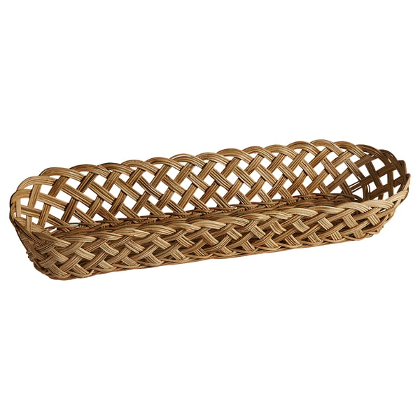 A STYLTSNÄPPA bread basket in brown, handwoven from rattan with a lattice design and narrow shape.