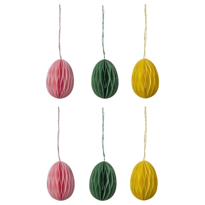 Six TJÄRLEK paper ornaments, pink, green, yellow; geometric, hanging decor.