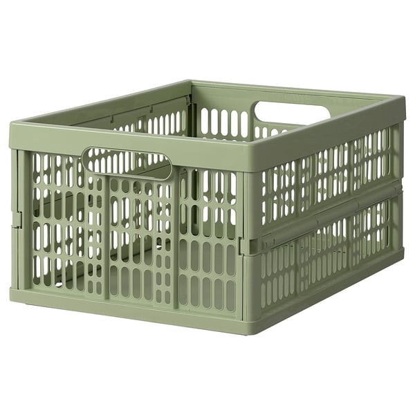 A VEDKLYV pale green plastic storage box with handles and ventilation.
