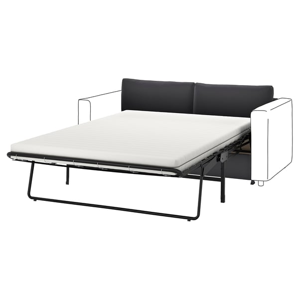 Black VIMLE sleeper sofa with metal legs, fully extended into a bed.