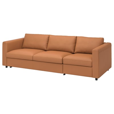 VIMLE sofa, tan leather, modern design, three cushions, clean lines.