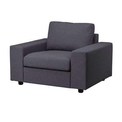 A modern grey fabric armchair named VIMLE, with well-padded seats and backrest, dark wooden legs, and a square, boxy design.