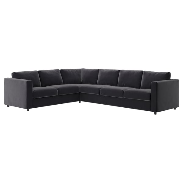 Modern dark gray l-shaped velvet sectional sofa, sleek and minimalist design.