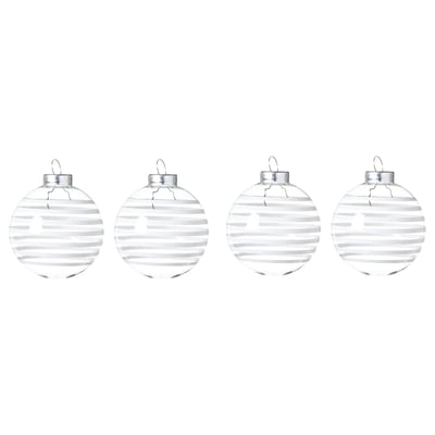 Four elegant VINTERFINT glass ornaments with white stripes, round shape, hanging by loops.
