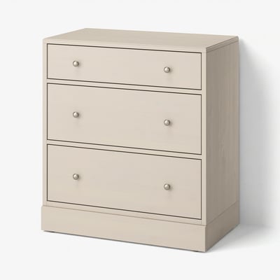 Eine beige HAVSTA-Kommode mit drei Schubladen. Aus Kiefer gefertigt, ein einfaches, sauberes Design.