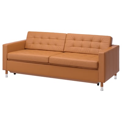 Ein hellbraunes Ledersofa namens LANDSKRONA. Er ist modern mit getufteten Rücken- und Sitzkissen, Holzbeinen und 10 Jahren Garantie.