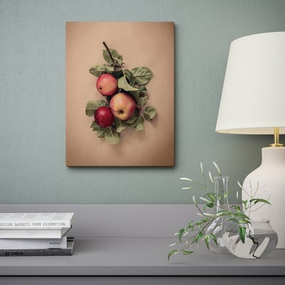 Über einem Regal mit Büchern, einer Lampe und einer Vase mit Grün hängt ein Wandbild mit Äpfeln. Der tiefe Rahmen erzeugt einen 3D-Effekt.
