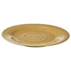 SANDSKÄDDA: ockergelbe Keramikplatte, rustikales Steinzeug, runde Form, ockerfarbenes Design.