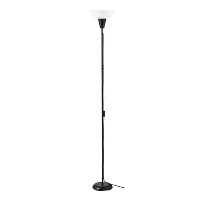Schwarze TÅGARP Stehleuchte; schlank, groß; weißer Schirm; Betonsockel.