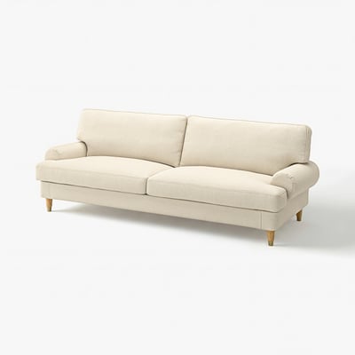 VALNÄS: beige 3-Sitzer-Sofa, klassisches Design. Abgerundete Arme, Messingfüße, leichte Eiche.