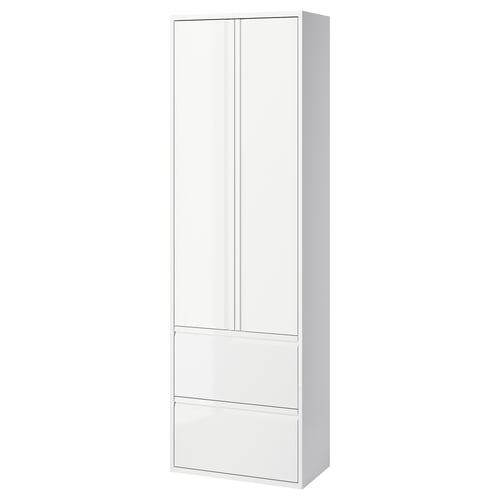 A white ÄNGSJÖN high cabinet with drawers and doors for bathroom storage. It has a sleek, modern design with integrated handles and a gloss finish.