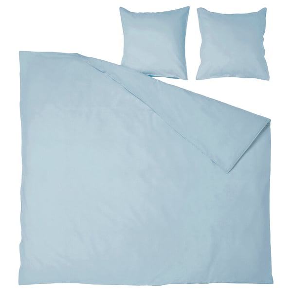 Light blue bedding set featuring a duvet cover and two pillowcases, made from soft, pre-washed cotton.