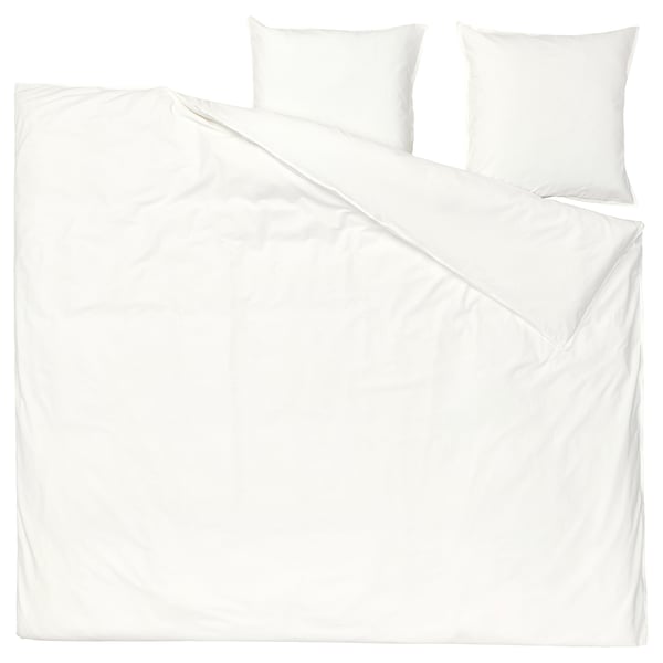 White bedding set with duvet and pillows, simple design.