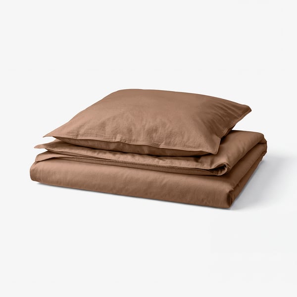 ÄNGSLILJA bedding set: brown, folded, soft cotton.