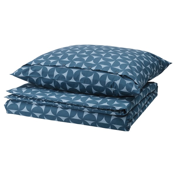 Blue patterned duvet and pillow set with geometric shapes, 3 pieces.
