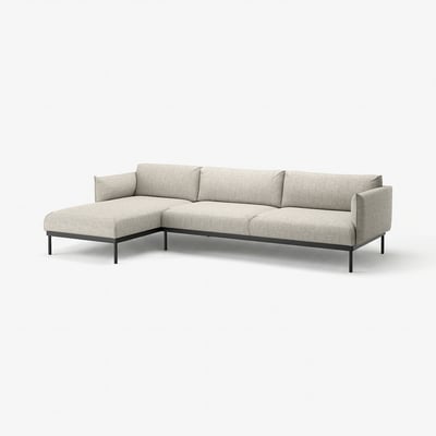 Modern grey l-shaped ÄPPLARYD sofa with slim metal legs and sleek design.