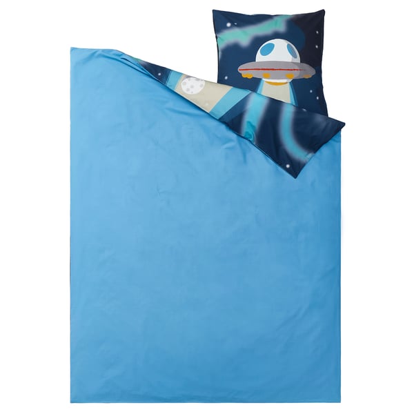 Blue kids duvet cover set with alien design, cotton/lyocell blend, matching pillowcase.