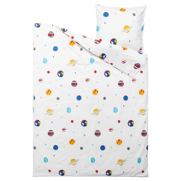 AFTONSPARV bedding: white duvet & pillow, space-themed, planets, moons, stars. Cotton/viscose.