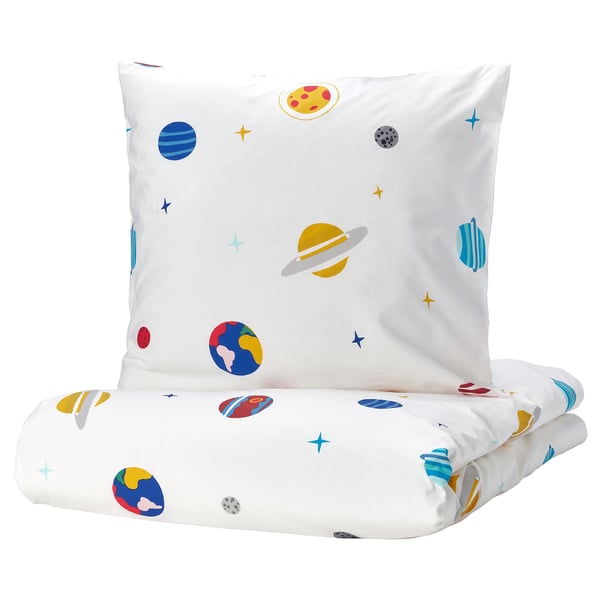 Space-themed duvet set for kids, featuring planets and stars, white cotton/viscose, square-shaped.