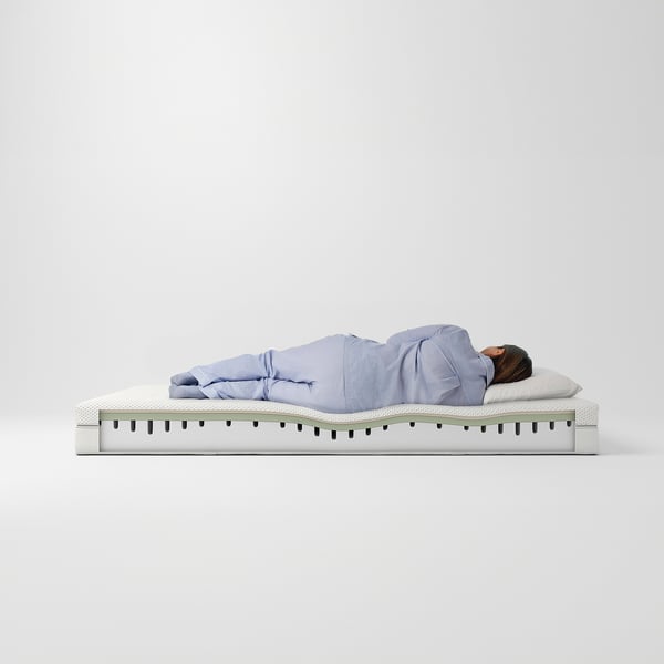 Person on ÅKREHAMN medium-firm mattress, 20cm high, blue with white border.