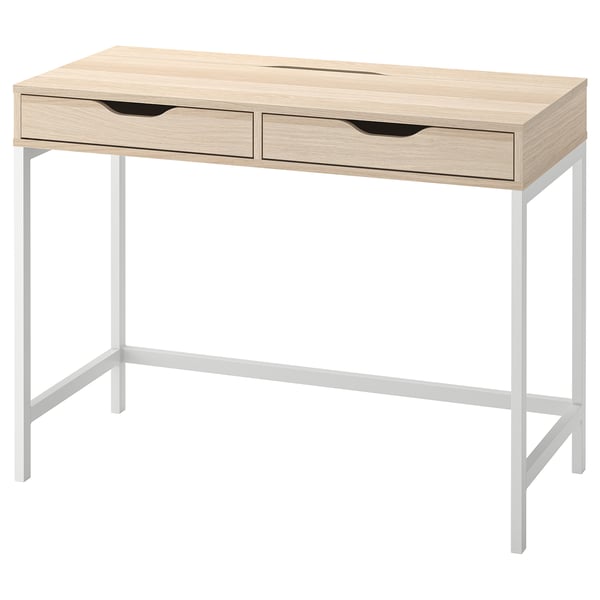 Light oak ALEX desk with two drawers and metal legs.