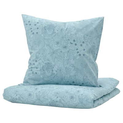 ALPTALL Duvet cover and pillowcase, blue/Himalayan animals and plants, 140x200/80x80 cm