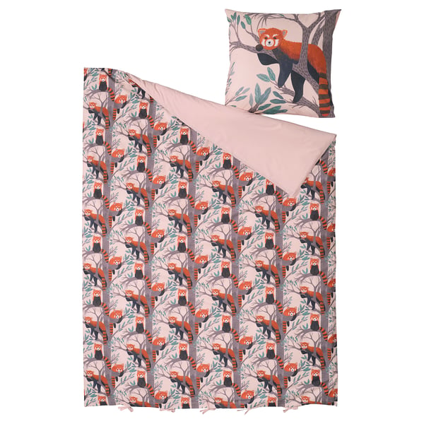 ALPTALL Duvet cover and pillowcase, pink/red panda pattern, 140x200/80x80 cm