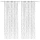 Two white lace curtains hang side by side, featuring a delicate floral pattern and scalloped edges.