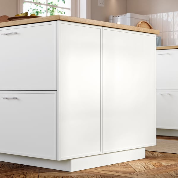 White kitchen cabinet side panel with thin frame, attaching neatly to base, adding cohesive look.