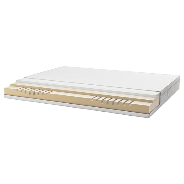 ÅVABERG mattress layers: polyester top, zip, recycled polyester fill, memory foam, polyurethane foam, polypropylene lining.