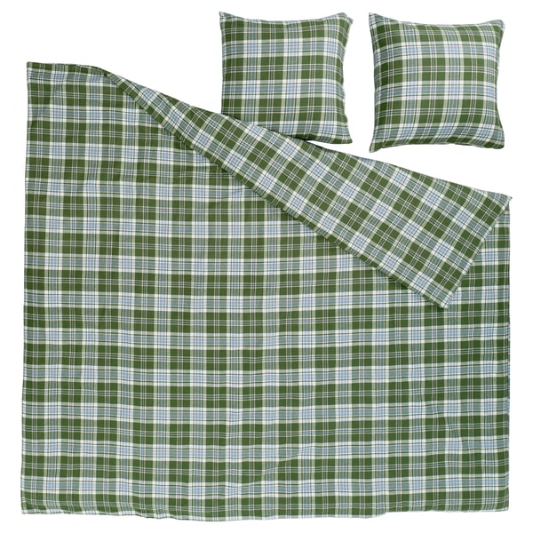 BANBJÖRNBÄR Duvet cover and 2 pillowcases, dark green/check, 240x220/80x80 cm