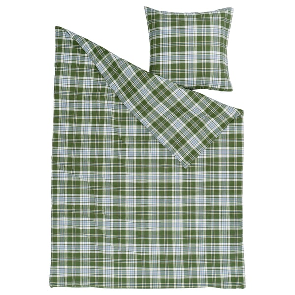 BANBJÖRNBÄR Duvet cover and pillowcase, dark green/check, 155x220/80x80 cm