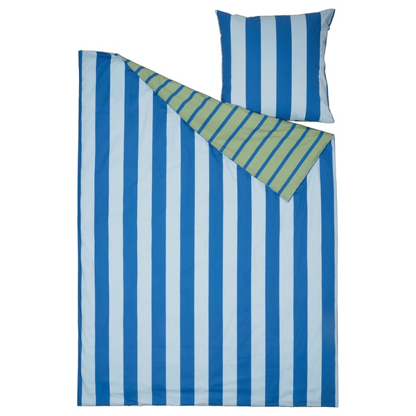 BARNDRÖM Duvet cover and pillowcase, blue green/stripe pattern, 140x200/80x80 cm