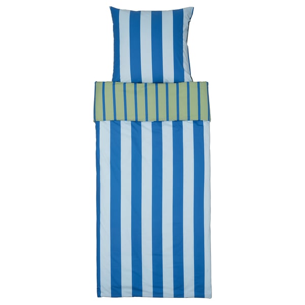 BARNDRÖM Duvet cover and pillowcase, blue green/stripe pattern, 140x200/80x80 cm