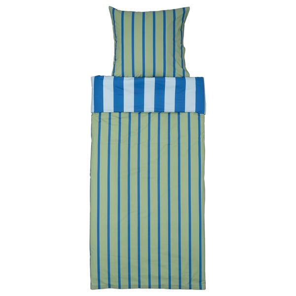 A BARNDRÖM bedding set in green and blue stripes, made of 100% cotton.