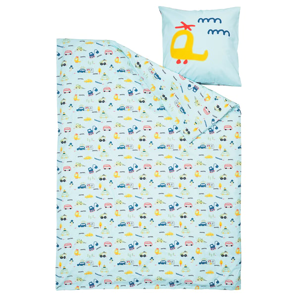 BARNDRÖM bedding set, light blue with cars and planes, cotton, square pillow.