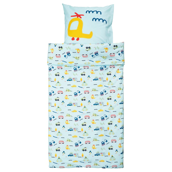 A light blue BARNDRÖM kids duvet cover set made of cotton, featuring playful car prints.