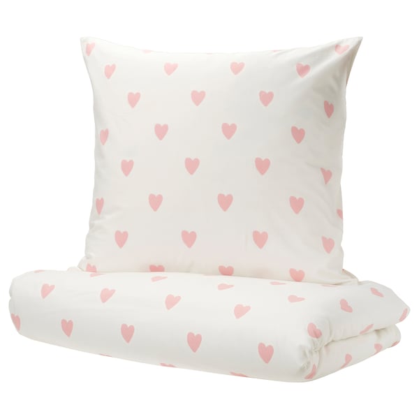 BARNDRÖM Duvet cover and pillowcase, heart pattern white/pink, 140x200/80x80 cm