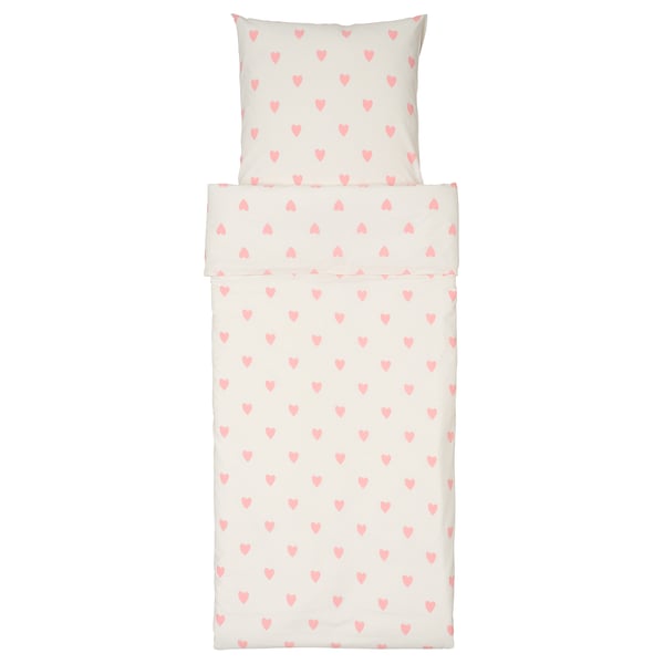 A white duvet set with small pink hearts, made from a blend of organic cotton and rayon. It includes a duvet cover and a pillowcase.
