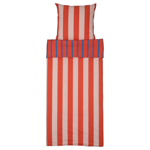 BARNDRÖM Duvet cover and pillowcase, pink red/stripe pattern, 140x200/80x80 cm