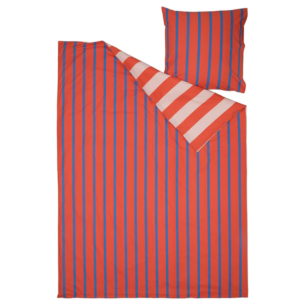 BARNDRÖM Duvet cover and pillowcase, pink red/stripe pattern, 140x200/80x80 cm