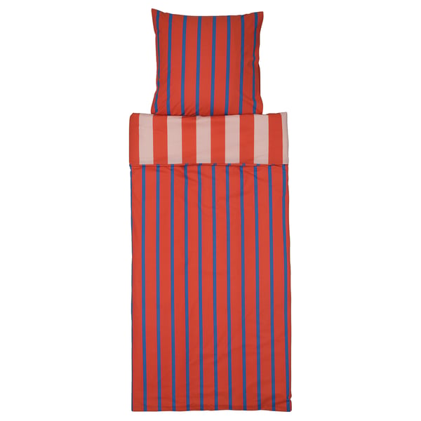 BARNDRÖM Duvet cover and pillowcase, pink red/stripe pattern, 140x200/80x80 cm